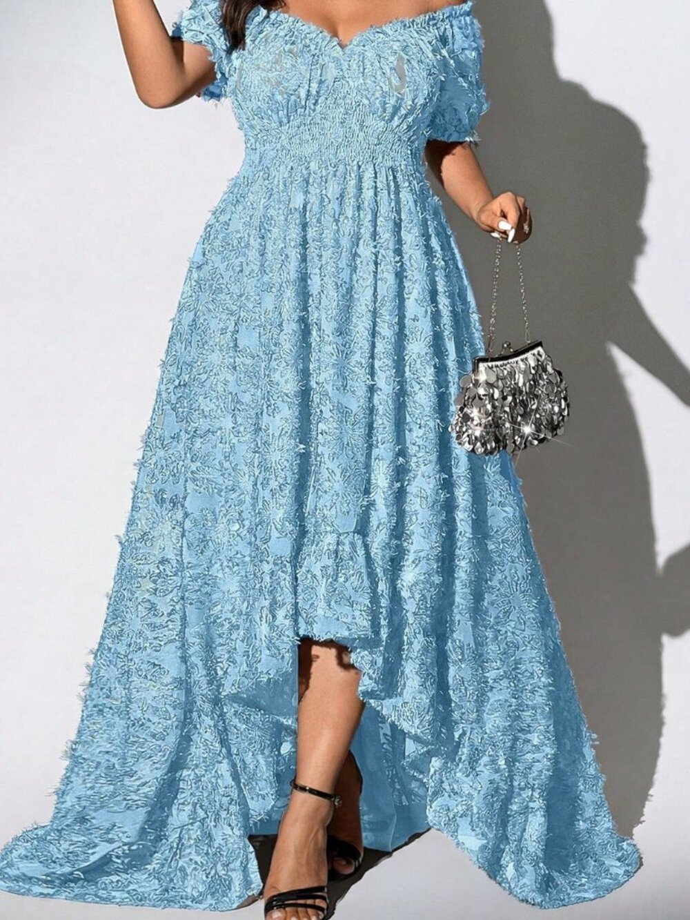 Blue Elegant Women's Plus Size Off-Shoulder Short Sleeve Sexy Dress - Picture 4 of 7